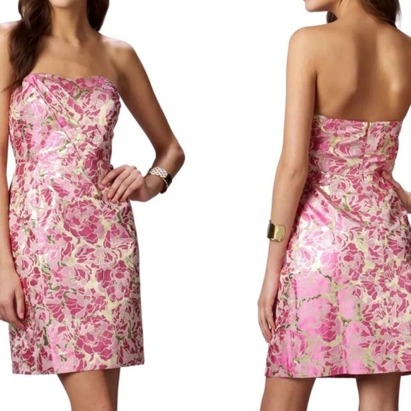 Lilly Pulitzer Silk Raya Dress Pink Gold Jacquard Mini Strapless Sweetheart Sz 8 - Picture 2 of 10